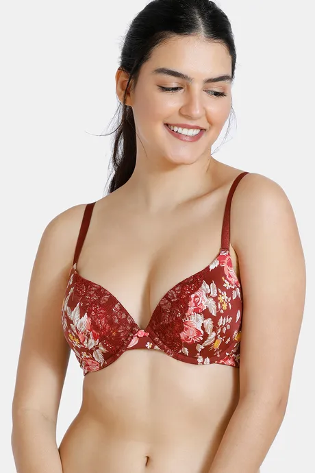Zivame Bloom Push-Up Wired Medium Coverage Bra - Red Floral