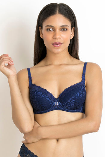 Buy Amante Padded Wired Demi Coverage Lace Bra - Evening Blue at