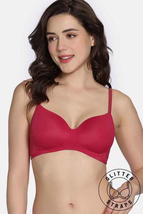 Zivame Glitter Straps Padded Non Wired 3/4th Coverage T-Shirt Bra - Cerise