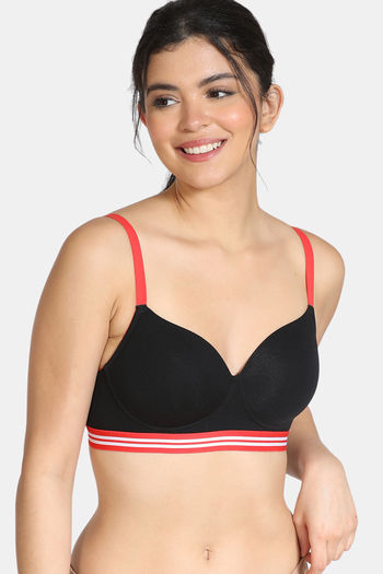 Zivame Sporty Twist Padded Non Wired 3/4th Coverage T-Shirt Bra - Black