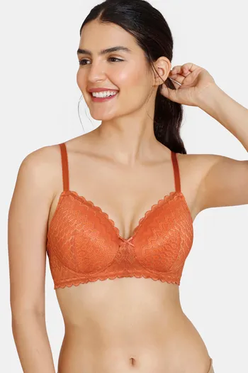 Buy Zivame New Romance Padded Non Wired 3/4th Coverage Lace Bra - Amber Glow