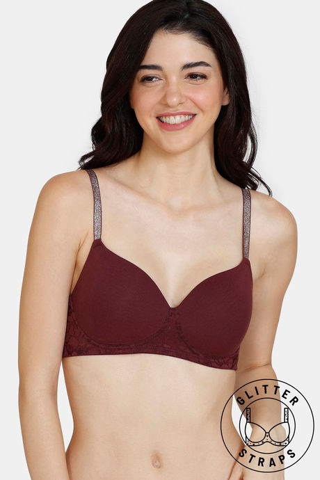 Buy Zivame Beautiful Basics Glitter Straps Padded Non Wired 3/4th Coverage  T-Shirt Bra - Fig at Rs.492 online
