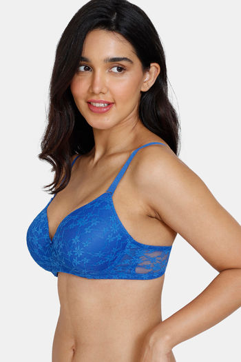 Buy Zivame Beautiful Basics Padded Non Wired 3/4th Coverage Lace Bra -  Lapis Blue at Rs.304 online