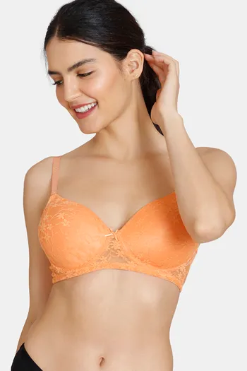 Buy Zivame Beautiful Basics Padded Non Wired 3/4th Coverage Lace Bra - Muskmelon