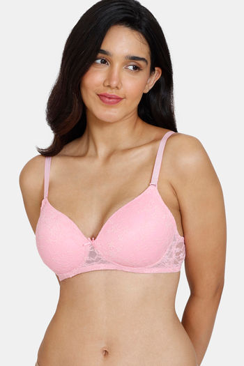 Buy Zivame Beautiful Basics Padded Non Wired 3/4th Coverage Lace Bra - Prism Pink
