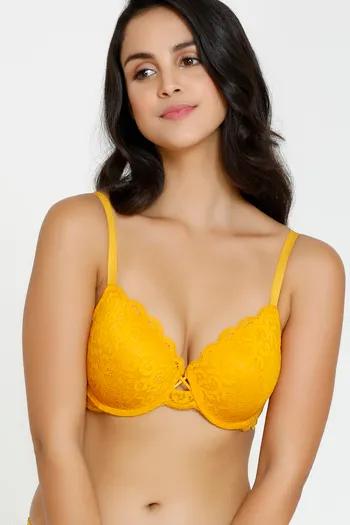 Zivame Vintage Lace Padded Wired 3/4th Coverage Lace Bra - Golden Yellow