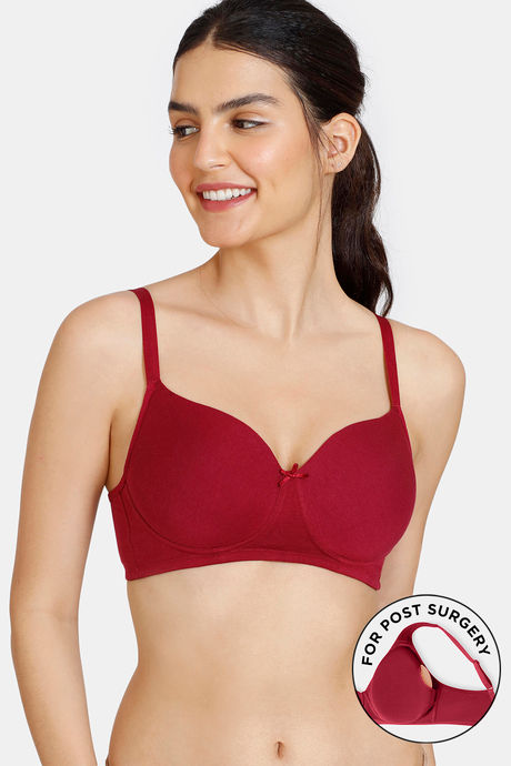 Zivame Padded Non Wired Full Coverage Post Breast Surgery Bra - Beet Red