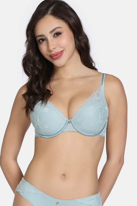 Zivame La Flamme Padded Plunge Wired Medium Coverage Lace Bra - Grey Mist