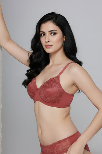 Zivame Bare Whispers Padded Non Wired Medium Coverage Lace Bra - Dusty Cedar
