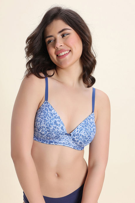 Zivame Padded Non Wired Medium Coverage Tshirt Bra - Blue Animal Print