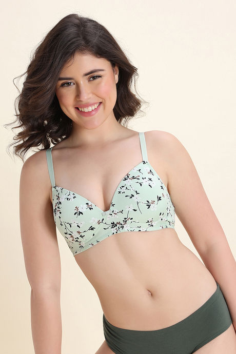 Zivame Padded Non Wired Medium Coverage Tshirt Bra - Grass Green Floral