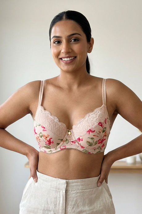 Zivame Floral Grace Padded Wired 3/4th Coverage Lace Bra - Light Pink Base With Flower