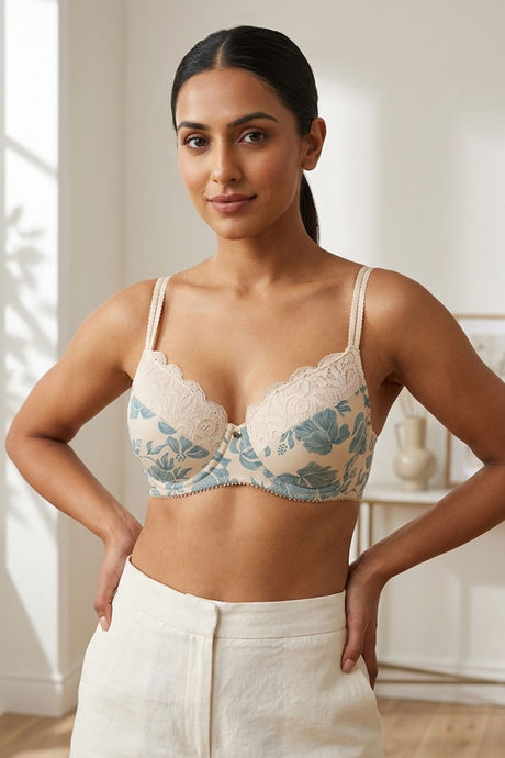 Zivame Floral Grace Padded Wired 3/4th Coverage Lace Bra - White Base With Blue Flower