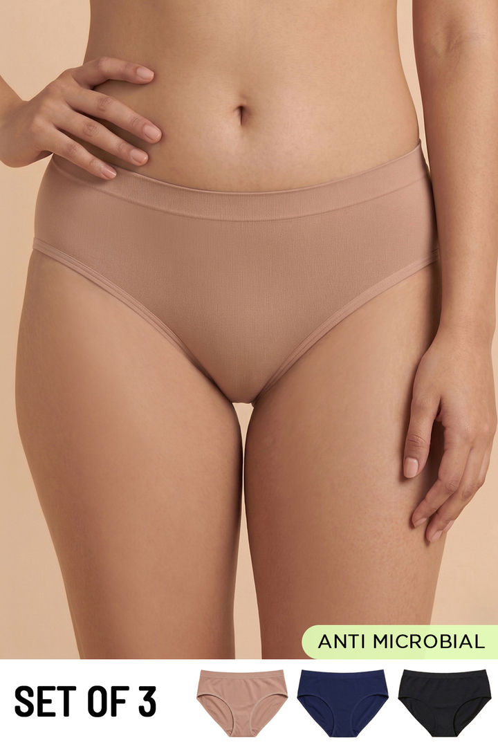Zivame Medium Rise Full Coverage Seamless Hipster Panty (Pack of 3) - Multicolor