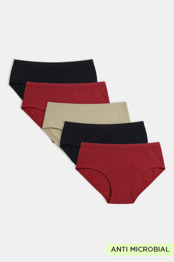 Zivame Anti-Microbial Medium Rise Full Coverage Hipster Panty (Pack of 5) - Multicolor