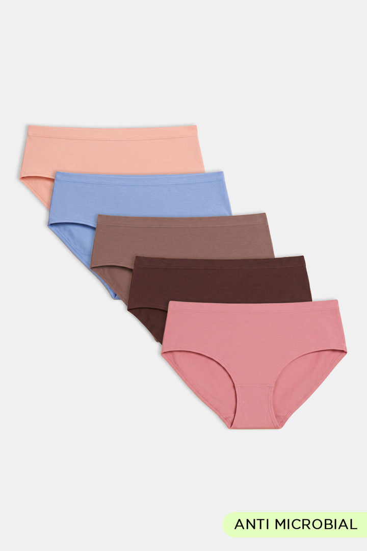 Zivame Anti-Microbial Medium Rise Full Coverage Hipster Panty (Pack of 5) - Multicolor