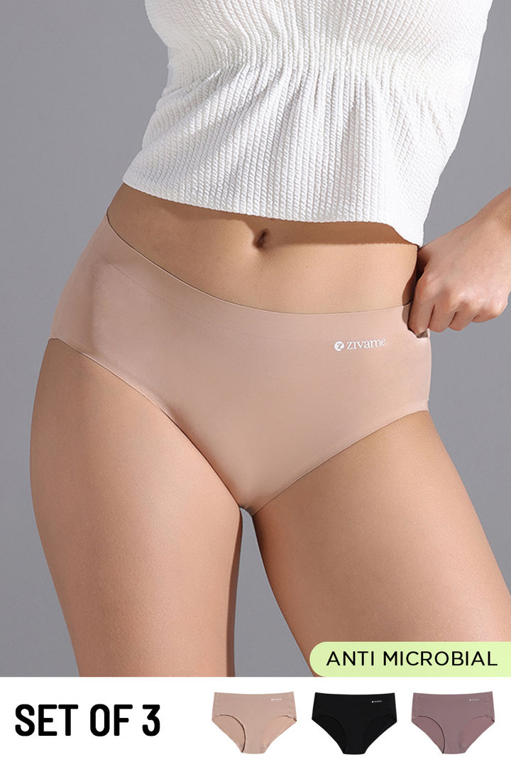 Zivame Medium Rise Full Coverage No Visible Panty Line Hipster (Pack of 3) - Multicolor