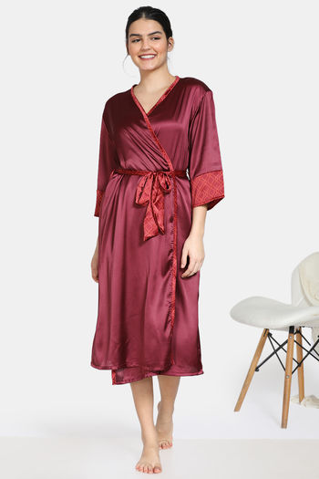 Buy Zivame Plum Sangria Satin Mid Length Robe - Brown at Rs.555