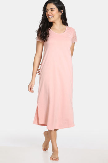 Buy Zivame Summer Blush Knit Cotton Blend Mid Length Nightdress - Peach
