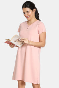 Buy Zivame Summer Blush Knit Cotton Blend Knee Length Nightdress  - Peach