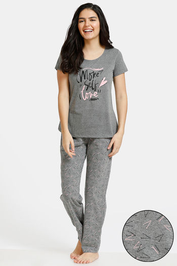 Buy Zivame Slumber Chic Knit Cotton Pyjama Set - Grey
