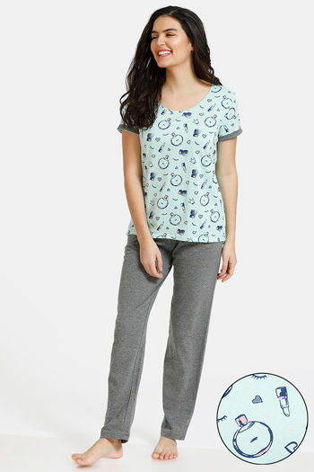 Buy Zivame Slumber Chic Knit Cotton Pyjama Set - Grey Mint