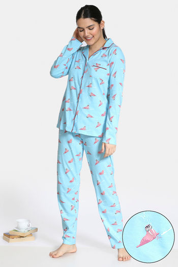 Buy Zivame Arctic Wild Knit Cotton Pyjama Set - Blue