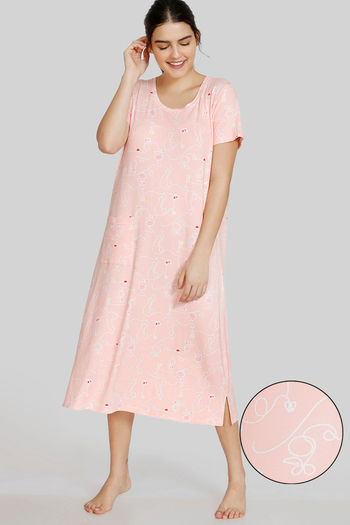 Buy Zivame Sassy Mouse Butter- Soft Poly Knit Mid Length Nightdress - Pink