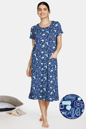 Buy Zivame Fun & Frolic Butter- Soft Poly Knit Mid Length Nightdress - Medieval Blue