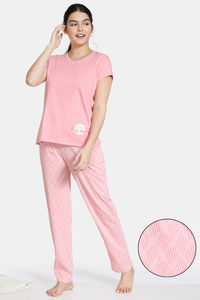 Buy Zivame Paper Town Knit Cotton Pyjama Set - Pink Icing