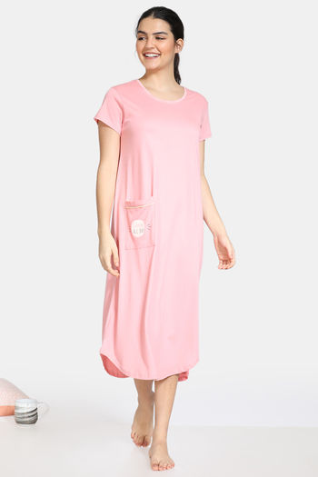 Buy Zivame Paper Town Knit Cotton Mid Length Night Dress - Pink