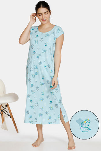 Buy Zivame Texas Dreaming Knit Cotton Mid Length Nightdress - Blue