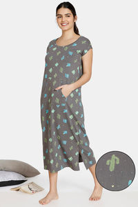 Buy Zivame Texas Dreaming Knit Cotton Mid Length Nightdress - Grey