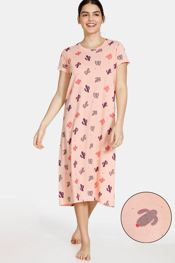Buy Zivame Texas Dreaming Knit Cotton Mid Length Nightdress - Peach