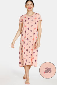 Buy Zivame Texas Dreaming Knit Cotton Mid Length Nightdress - Peach