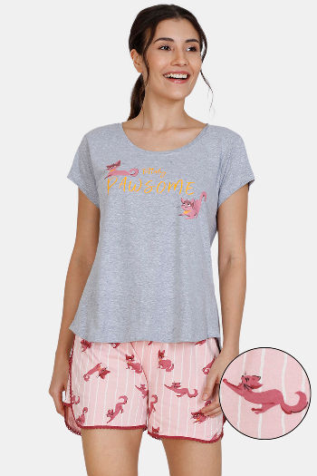Buy Zivame Bob Berry Knit Cotton Shorts Set Grey Pink at Rs
