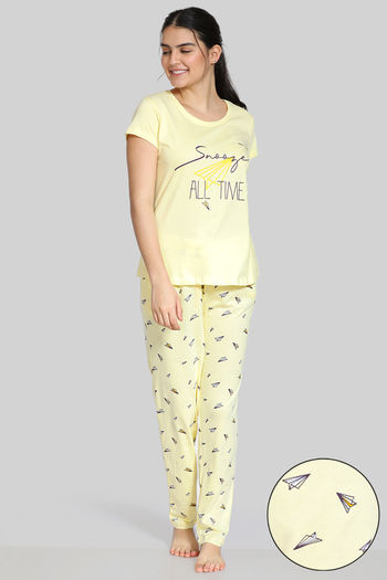 Zivame Paper Town Knit Cotton Pyjama Set - Yellow