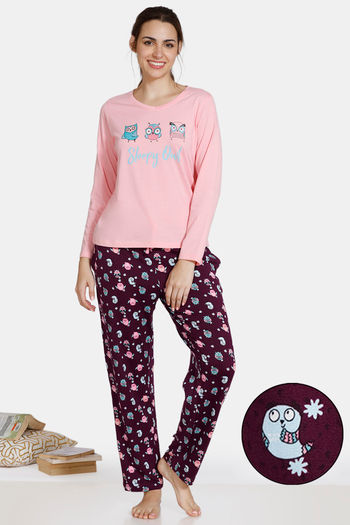 Buy Zivame Sleepy Owl Butter-Soft Poly Knit Pyjama Set - Pickle Beet