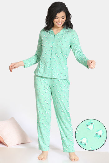 Zivame Sleepy Owl Cotton Pyjama Set - Green