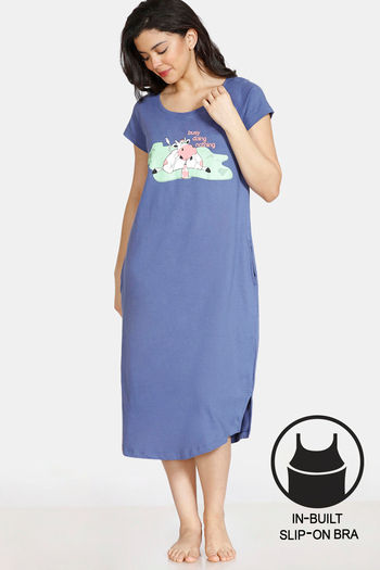 Buy Zivame Barnyard Cotton Mid Length Nightdress - Purple at Rs.907 online