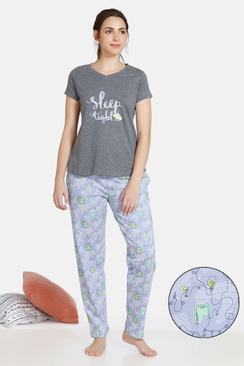 Buy Zivame Doodle Cotton Pyjama  Set - Lavender Blue