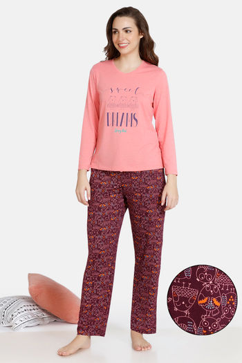Buy Zivame Sleepy Owl Butter-Soft Poly Knit Pyjama Set - Fruit Dove
