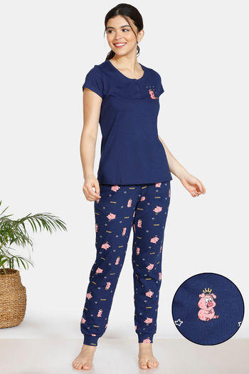 Buy Zivame Pretty Pigs Cotton Pyjama Set - Navy Blue
