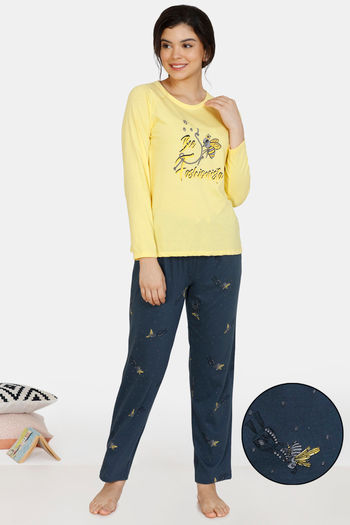 Buy Zivame Queen Bee Cotton Pyjama Set - Navy Yellow