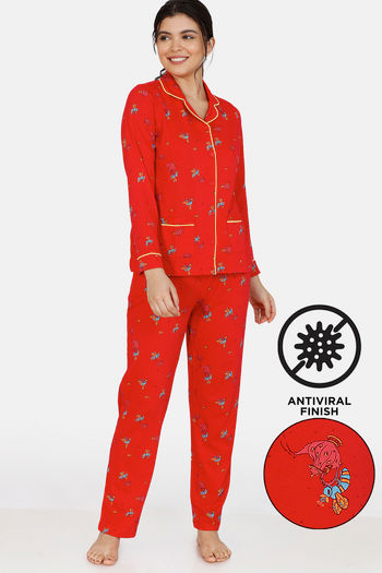 Buy Zivame Queen Bee Antiviral Finish Cotton Pyjama Set - Red
