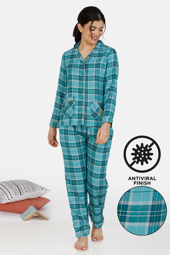 Buy Zivame Classic Woven Antiviral Finish Pyjama Set - Blue
