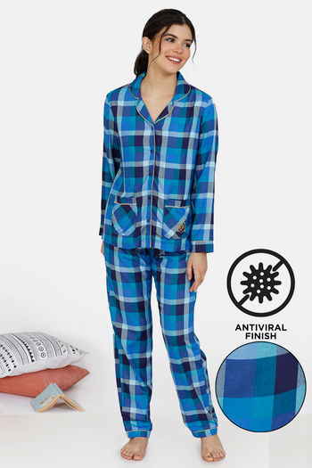 Buy Zivame Classic Woven Antiviral Finish Pyjama Set - Nebulas Blue