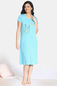 Buy Zivame Sleepy Owl Poly Cotton Mid Length Nightdress -Blue