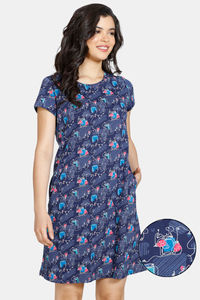 Buy Zivame Doodle Cotton Knee Length Nightdress - Navy Blue