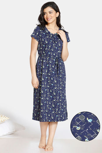 Zivame Crossword Cotton Mid Length Nightdress - Navy Blue